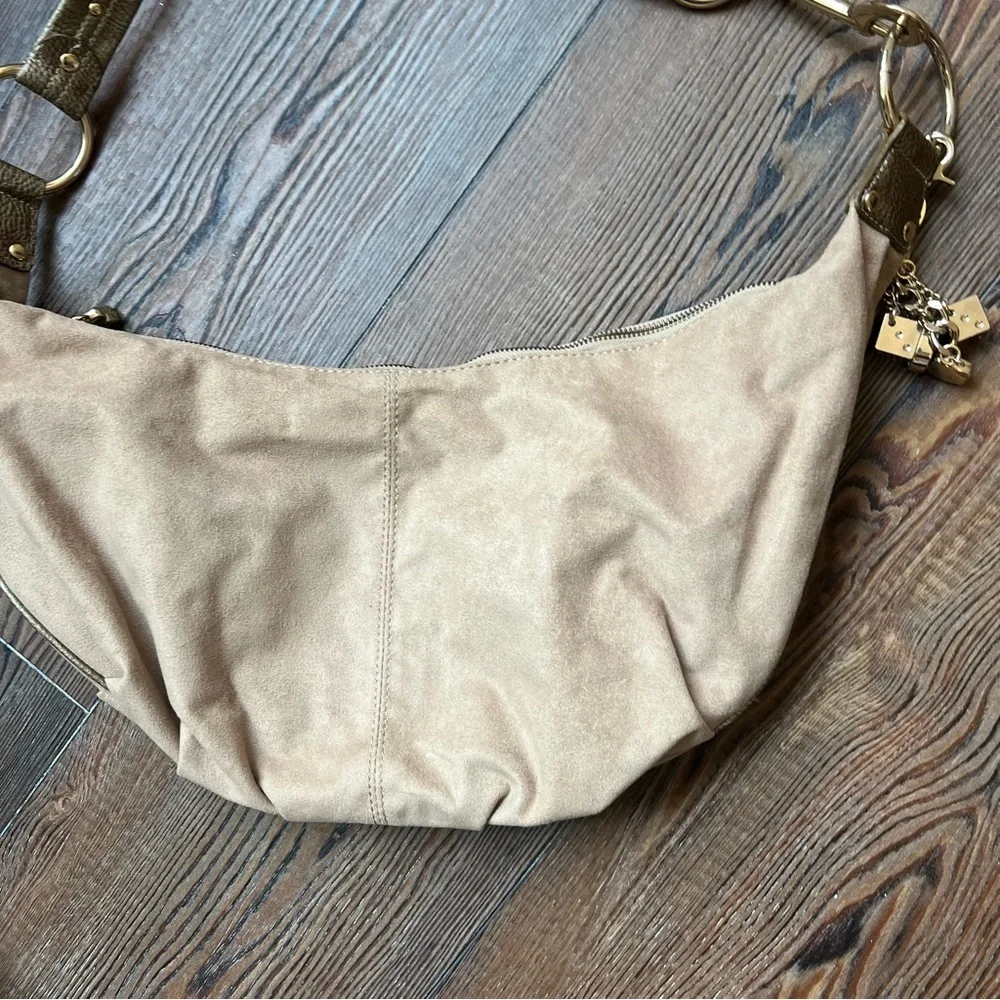 Vintage Hobo Sling Microsuede tan bag handbag bag charms flare studs embellished